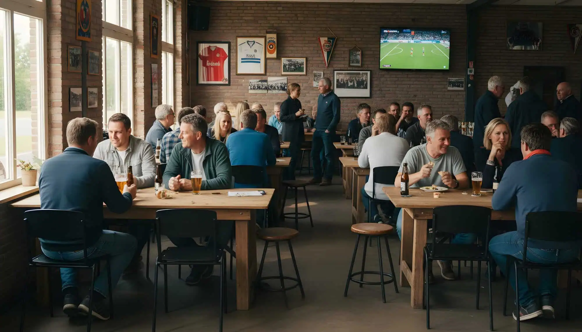 Super-Seat | Bruin eiken melamine ronde tafels 67cm, houten stoelen; bakstenen muren en sport sferen. | Horecameubilair