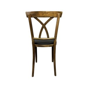 Super-Seat | XL corten stalen decoratie beurs deuren set van 4 Houten stoel met gebogen vloerkleed, X-design, donkere zitting, op witte achtergrond. | Horecameubilair
