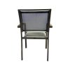 Super-Seat |Vento Vervoort Terras Armstoel Grijs| Grijze metalen terrasstoel met net kleed/zitting, houten armleuningen, van achteren gezien. | Horecameubilair