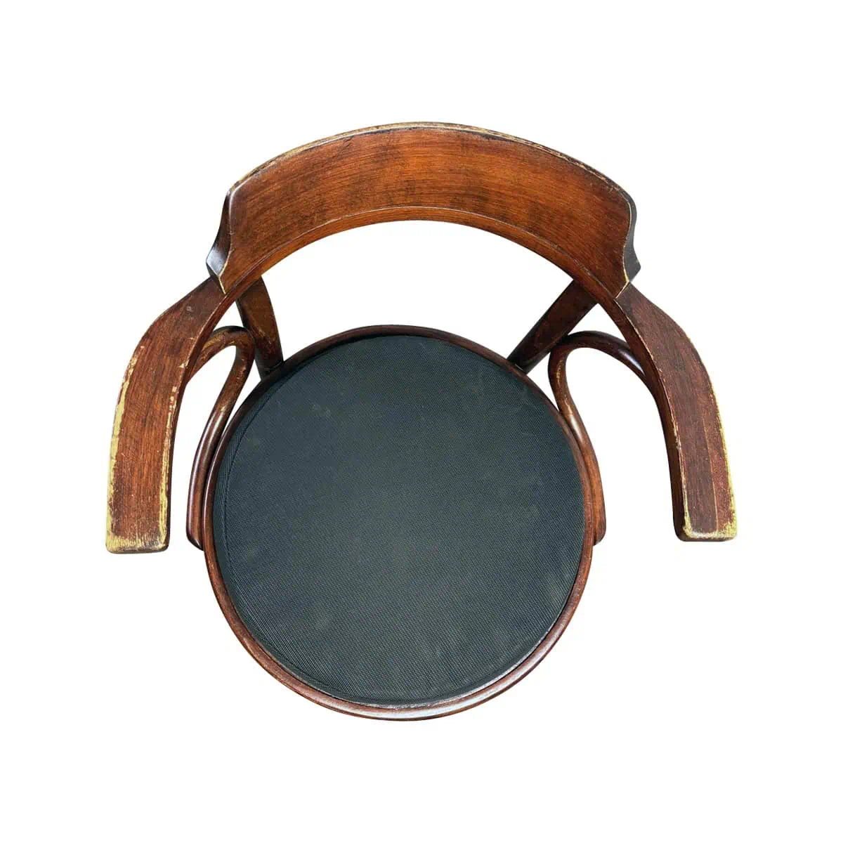 Super-Seat |Vento Vervoort (terras) armstoel grijs|Grijze metalen terrasstoel met ronde zwarte zitting, gebogen armleuningen, van bovenaf gezien. | Horecameubilair