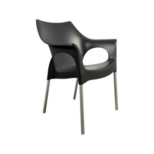 Super-Seat | Zwarte metalen stapelstoel met ronde rug, ovale armgaten, rechte metalen poten. | Horecameubilair