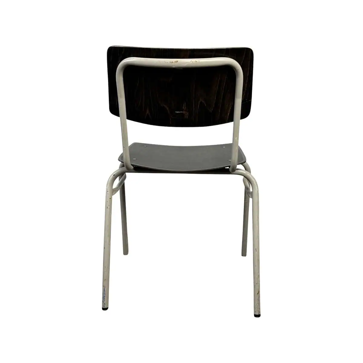 Super-Seat | Educa vintage schoolstoelen zwart | Metalen stoel met donker houten rugleuning en zitting, licht frame, op witte achtergrond. | Horecameubilair