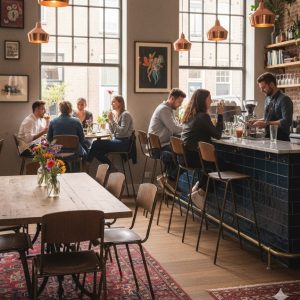 Super-Seat | Houten tafels, bruine bronzen Vanitas barkrukken, metalen bar, glazen ramen, bloemen op tafels. | Horecameubilair