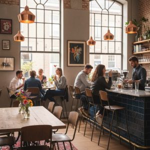 Super-Seat | Een gezellig café met vintage bruin-brons barkrukken, houten tafels en een betegelde bar. Veel licht en kunst aan de muur. | Horecameubilair