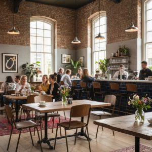 Super-Seat | Bakstenen muren, houten tafels & stoelen, grote ramen, veel planten en kunst. | Horecameubilair