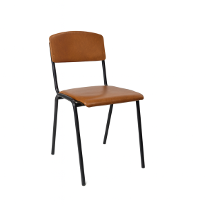 Super-Seat | Stoelen en tafels | Bruine metalen stoel met gebogen vloerkleed, naast 67x67cm kasteel eiken melamine tafelblad met ronde hoeken. | Horecameubilair