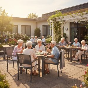 Super-Seat | Grijze kunststof stapelstoelen met armleuning en metalen tafels op zonnig terras bij bloemen. | Horecameubilair