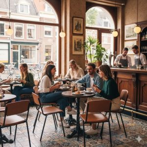 Super-Seat | Stoelen van bruin leer en metaal, vintage tafels, barkrukken in warme houten sfeer in café. | Horecameubilair