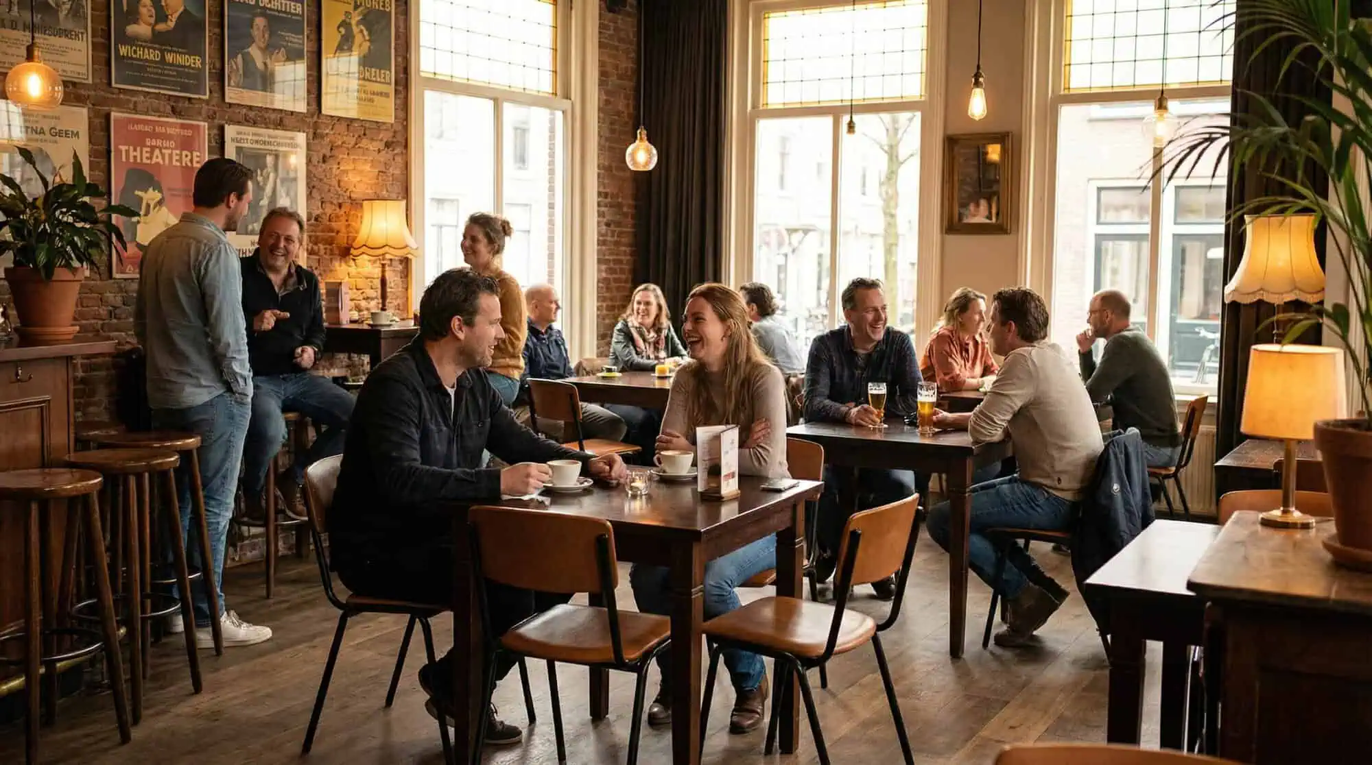 Super-Seat | Café Interieur Warme houten tafels, cognackleurige Vanitas stoelen en barkrukken. Grote ramen en Vanitas posters aan de muur. | Horecameubilair