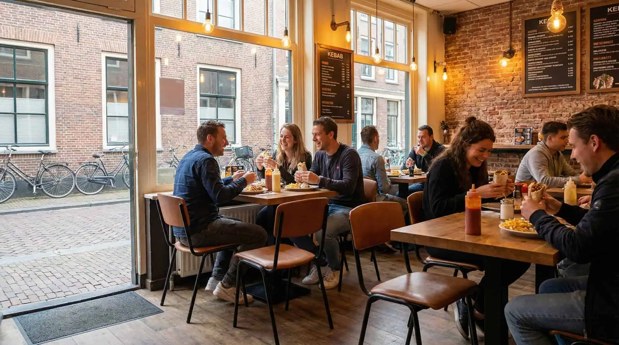 Super-Seat |Cognackleurige leren stoelen, houten tafels, houten vloer, bakstenen muur, hanglampen zichtbaar. | Horecameubilair