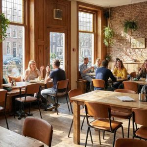 Super-Seat | Cognackleurige lederen stoelen en houten tafels in een warme, groene, industriële cafésetting. | Horecameubilair