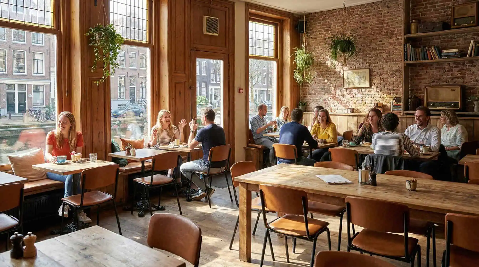 Super-Seat | Cognackleurige lederen stoelen en houten tafels in een warme, groene, industriële cafésetting. | Horecameubilair