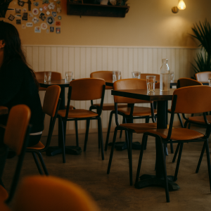 Super-Seat | Cognackleurige leren stoelen en houten tafels in warm café, met glazen en Vanitas-prints. | Horecameubilair