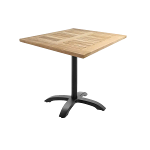 Super-Seat | Vierkante houten tafel met lattenbodem, zwart metalen voetstuk en vier gebogen poten, afgebeeld op een witte achtergrond. | Horecameubilair