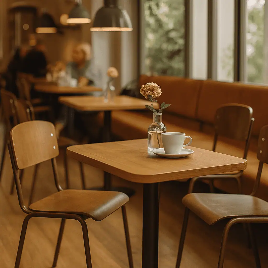 Super-Seat | Cognackleurige leren stoelen, houten tafel, wit servies en roze bloem in glas in zonnig café. | Horecameubilair