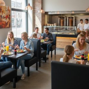 Super-Seat | Bruin eiken melamine tafels 120x67cm Eiken melamine tafels en stoelen in lichte eetzaal, open keuken, grote ramen, koks aan het werk. | Horecameubilair