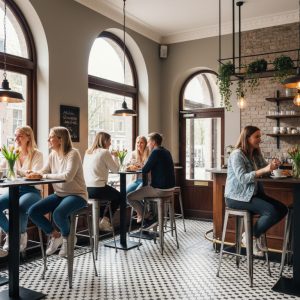 Super-Seat | Bruin eiken melamine tafelbladen 67x67cm | Café met zwarte-witte tegelvloer, grote ramen, bruine eiken tafels en stoelen. | Horecameubilair