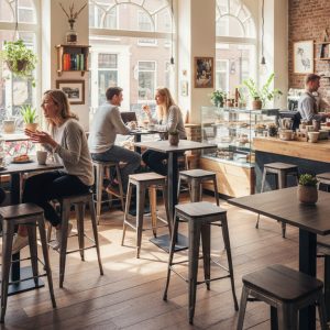 Super-Seat | Bruin eiken melamine tafelblad 67x67 cm Eiken melamine tafels, houten vloer, grote ramen; metalen stoelen en planten. | Horecameubilair