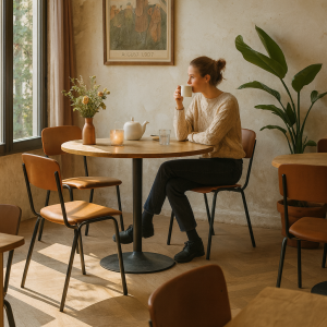 Super-Seat | Cognackleurige stoelen van leder en metalen frame naast ronde houten tafel, zonlicht in café. | Horecameubilair