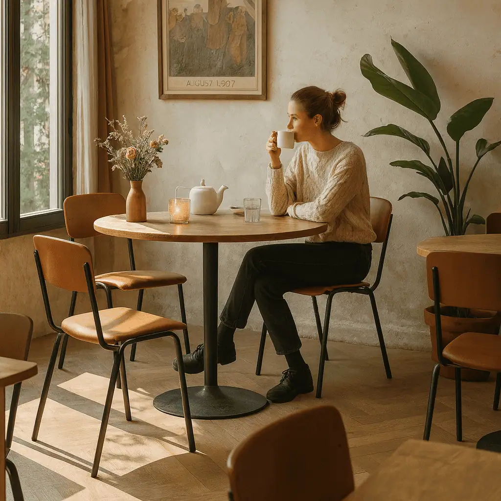 Super-Seat | Cognackleurige stoelen van leder en metalen frame naast ronde houten tafel, zonlicht in café. | Horecameubilair