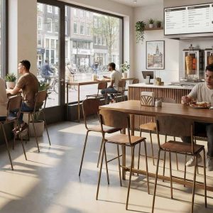 Super-Seat | Houten tafels, bruine leren barkrukken met brons lijst in licht restaurant met ramen. | Horecameubilair