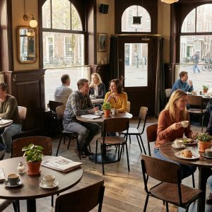 Super-Seat | Bruin eiken melamine tafelbladen 67x67cm Eiken tafels en houten stoelen, planten op tafel, zonnig café, sociale sfeer. | Horecameubilair