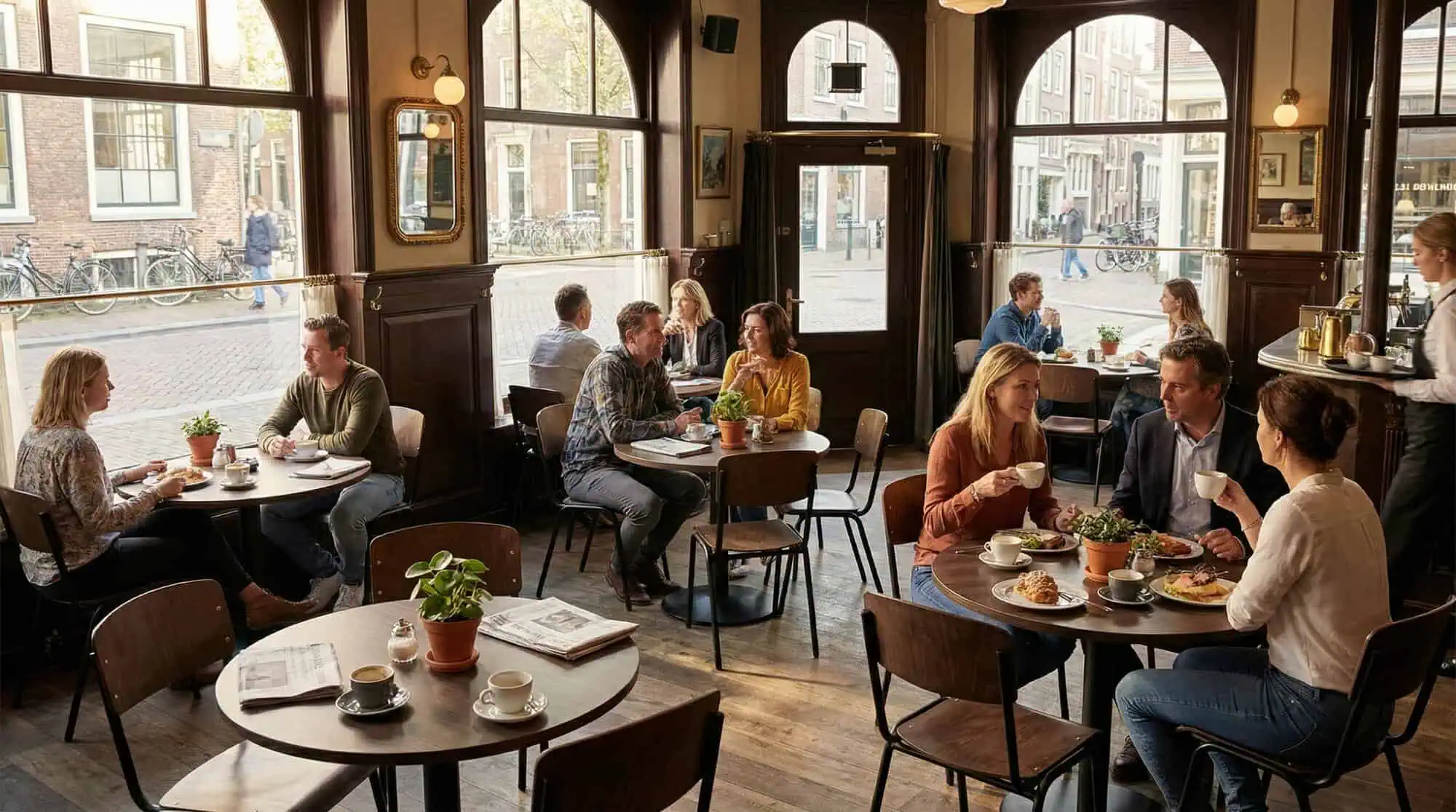 Super-Seat | Bruin eiken melamine tafelbladen 67x67cm Eiken tafels en houten stoelen, planten op tafel, zonnig café, sociale sfeer. | Horecameubilair