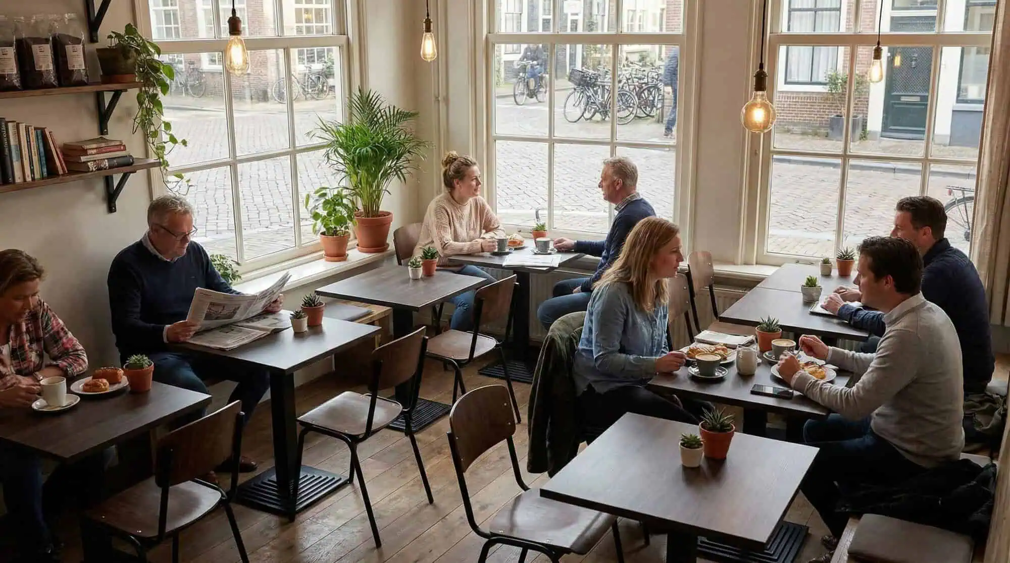 Super-Seat | Bruin eiken melamine tafelblad 67x67cm Bruin eiken melamine tafels, houten stoelen, barkrukken, veel daglicht en planten in café. | Horecameubilair