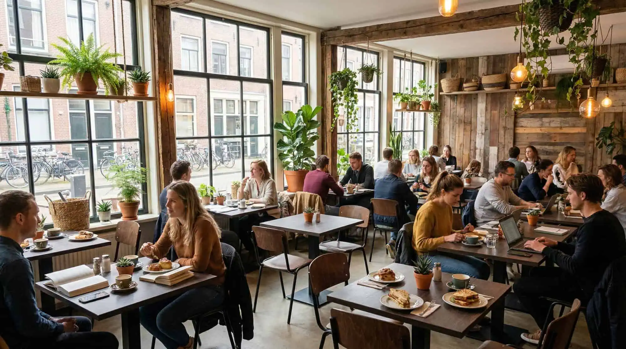 Super-Seat | Bruin eiken melamine tafelbladen 67x67cm Stoelen, tafels en barkrukken in houtlook, bruin eiken melamine, met groene planten en veel licht. | Horecameubilair