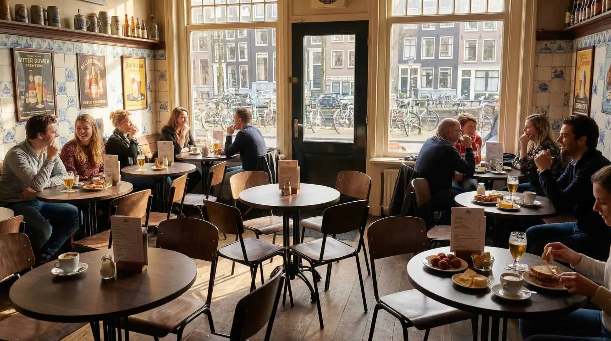 Super-Seat | Café Interieur | Bruin eiken melamine tafels, houten vloeren, tegels, posters; buiten fietsen, binnen etend en drinkend gezelschap. | Horecameubilair