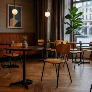 Super-Seat | Houten stoelen, tafels en schorsrukken in bruin; stoffen bank; houten vloer; neutrale muren. | Horecameubilair