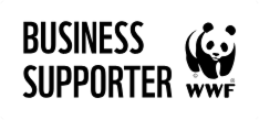 Super-Seat | Zwart-wit rechthoekige badge, zwart WWF panda-logo en tekst 'Business Supporter' op witte achtergrond. | Horecameubilair