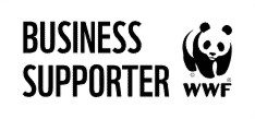 Super-Seat | Zwart-wit rechthoekige badge, zwart WWF panda-logo en tekst 'Business Supporter' op witte achtergrond. | Horecameubilair
