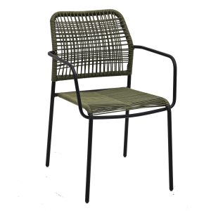 Super-Seat | Zwarte metalen stapelstoel, olijfgroene zitting, armleuningen, gevlochten vloerkleed. | Horecameubilair