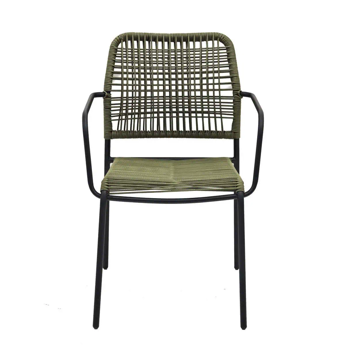 Super-Seat | The Harper horeca budget terras stapelstoelen groen met arm | Zwarte metalen stoel, schuine armleuningen, olijfgroene geweven zitting en vloerkleed. | Horecameubilair
