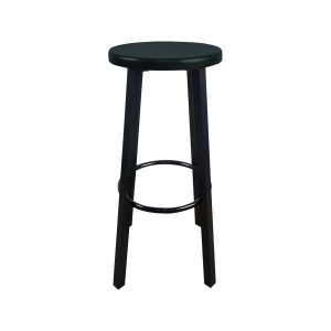 Super-Seat | Zwarte barkruk industrieel vintage Zwarte houten barkruk met ronde zitting, vier poten en metalen voetsteun, op witte achtergrond. | Horecameubilair