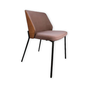Super-Seat | Wat je gaat tegenkomen zijn stoelen, tafels, barkrukken, picknicktafels en andere soort tafels en stoelen. | Moderne stoel met roze zitting/rugleuning, schuine houten zijkanten, slanke zwarte metalen poten; witte achtergrond. | Horecameubilair