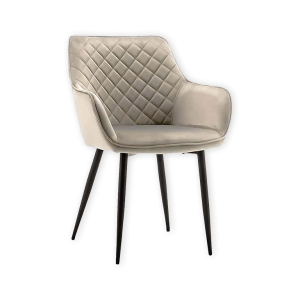Super-Seat | Moderne stoel met quiltstof, gebogen armleuningen en slanke zwarte metalen poten op witte achtergrond. | Horecameubilair