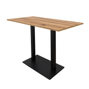 Super-Seat | Horeca statafels eiken melamine met zwart onderstel Rechthoekig tafelblad eiken-look, zwart metalen poten, witte achtergrond. | Horecameubilair