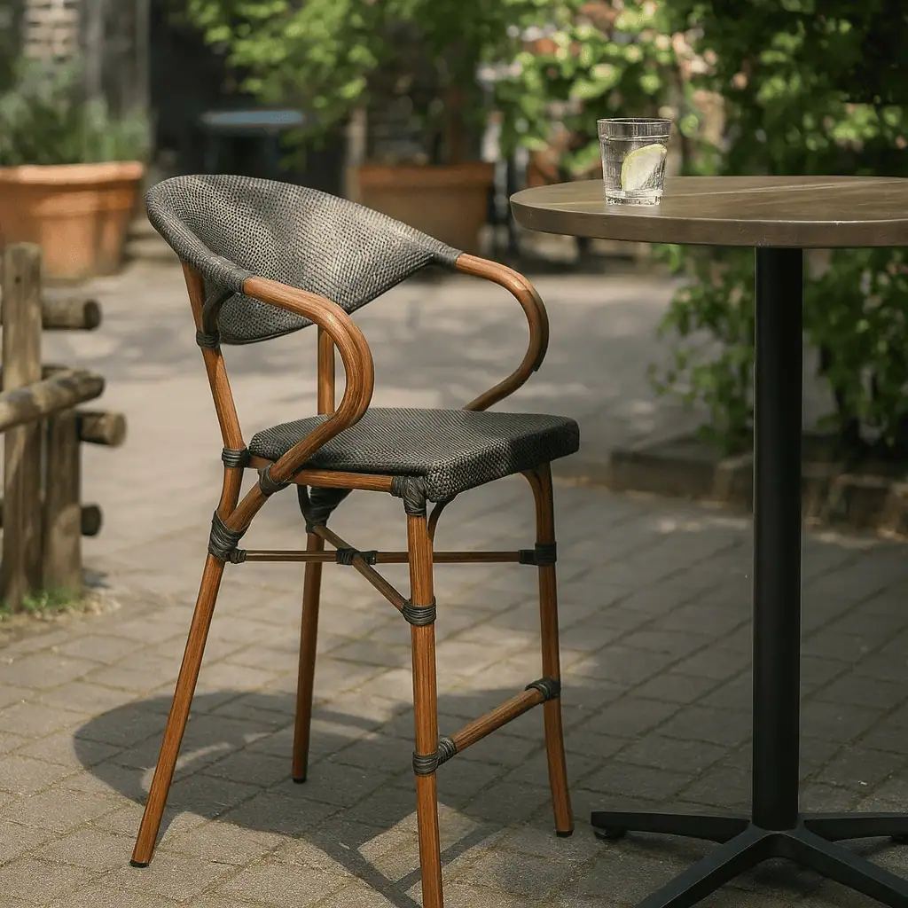 Super-Seat | Groene Vanitas stoel met gevlochten zitting, houten poten en donkere ronde tafel op zonnig terras. | Horecameubilair