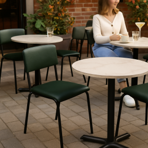 Super-Seat | Vanitas stapelstoelen groen Groene Vanitas metalen stoelen, houten tafels, vrouw met beker tussen planten op bakstenen terras. | Horecameubilair