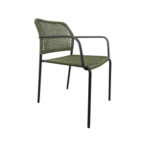 Super-Seat | Harper Horeca Budget Terras Stapelstoel Groene kunststof stapelstoel met armleuningen en zwart metalen frame, op witte achtergrond. | Horecameubilair