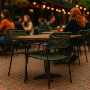 Super-Seat | Groene kunststof stoelen met armleuning en lege tafel op sfeervol verlicht terras. | Horecameubilair