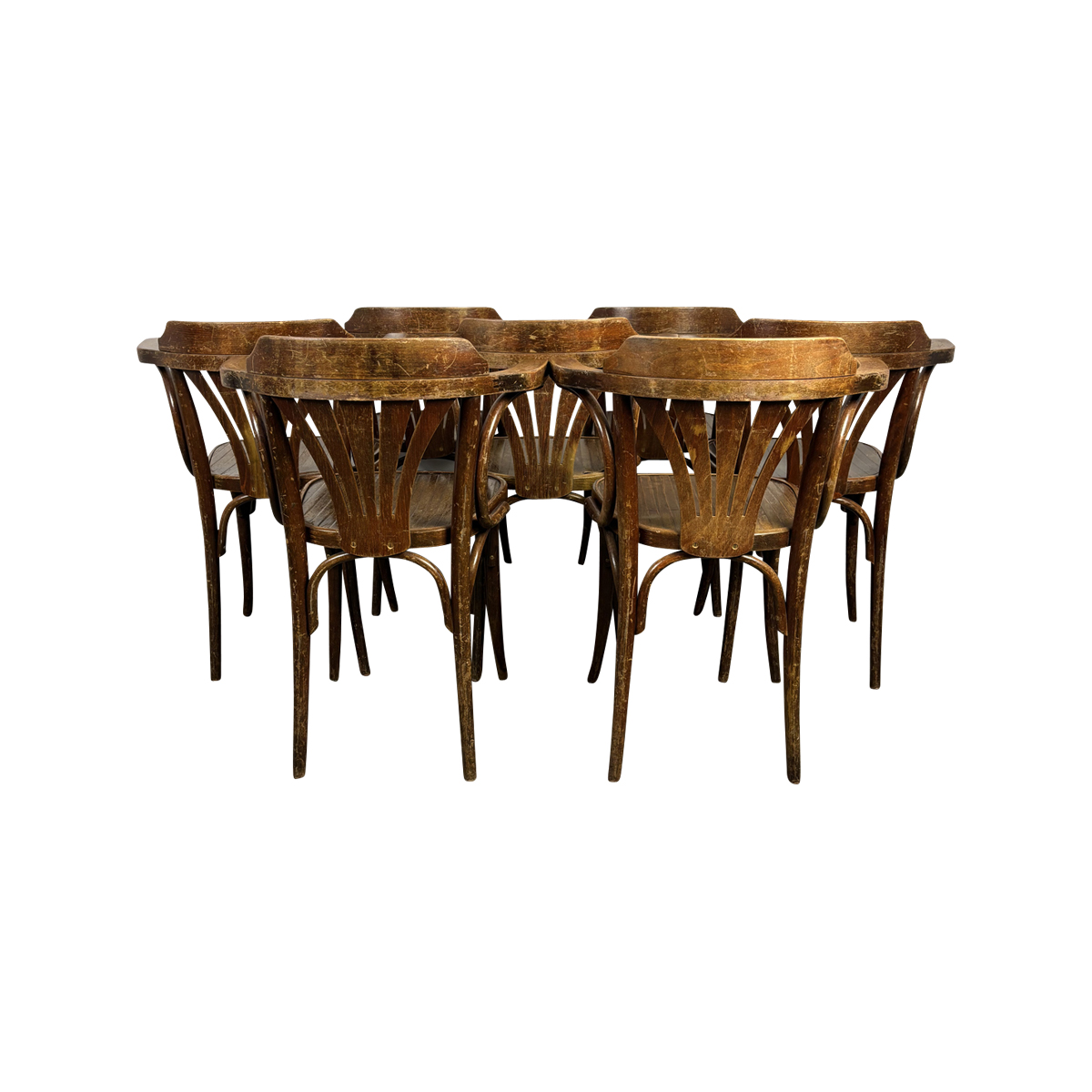 Super-Seat |Set van 8 gebogen houten armstoelen in lichtbruin, in cirkel op witte achtergrond. | Horecameubilair