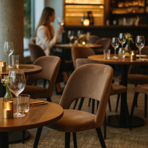 Super-Seat | Moderne Restaurant Interieurs Maison designstoelen in velours mokka, ronde houten tafels, glaswerk en warme sfeerverlichting. | Horecameubilair