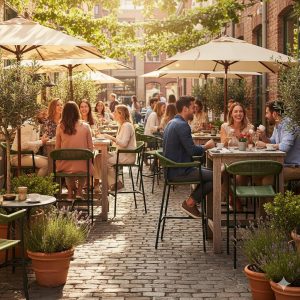 Super-Seat | Wat je gaat tegenkomen zijn stoelen, tafels, barkrukken, picknicktafels en andere soort tafels en stoelen. | Barkrukken met groen vlechtwerk en armleuning op een terras; houten tafels, metalen stoelen, onder parasols op klinkers. | Horecameubilair