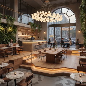 Super-Seat | Gerlon vintage leren stoelen cognac | Cognackleurige leren stoelen, houten tafels in licht café met grote ramen en planten. | Horecameubilair