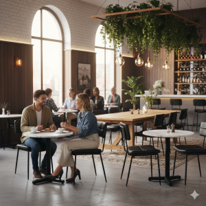 Super-Seat |Zwarte leren stoelen en houten tafel, modern café met planten en grote ramen. | Horecameubilair