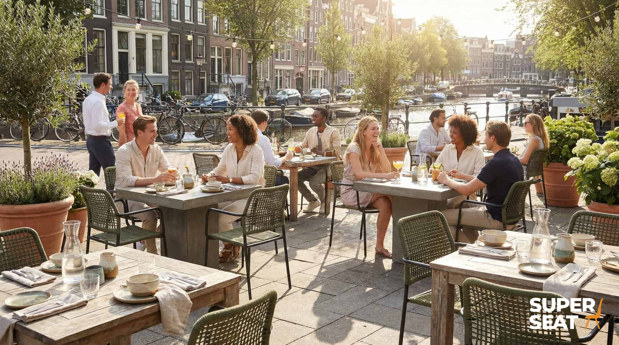 Super-Seat | Harper horeca budget terrasstoelen Groene stapelstoelen met arm, metalen tafels buiten bij het kanaal, zon en fietsen. | Horecameubilair