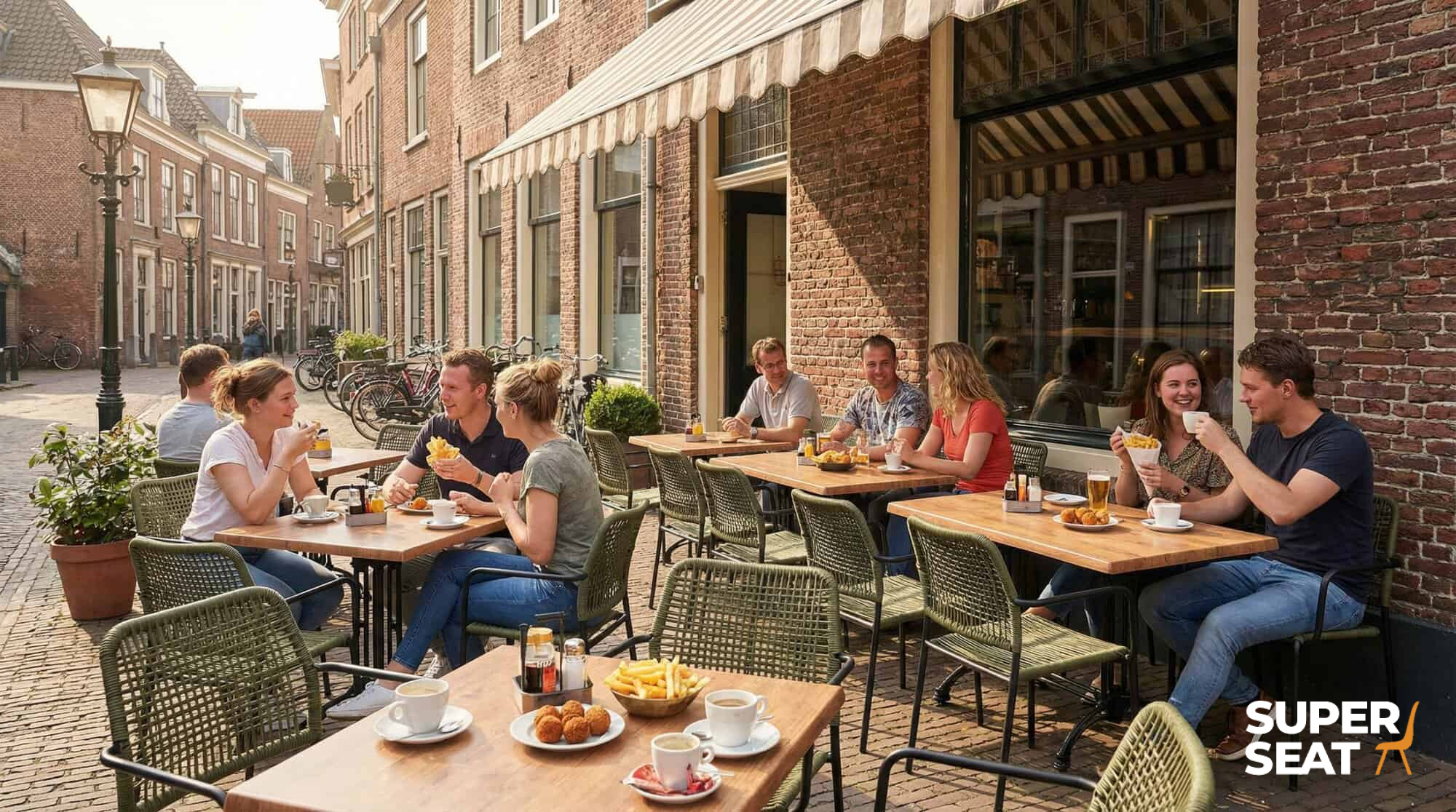 Super-Seat | Groene stapelstoelen met armleuningen van kunststof bij houten tafels buiten een bakstenen café. | Horecameubilair